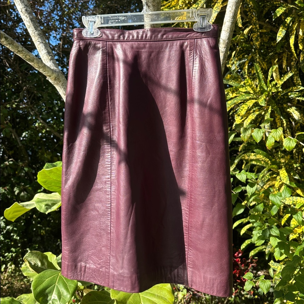 Vintage Oxblood Leather Midi Pencil Skirt 90s Classic Maroon  12.5 waist